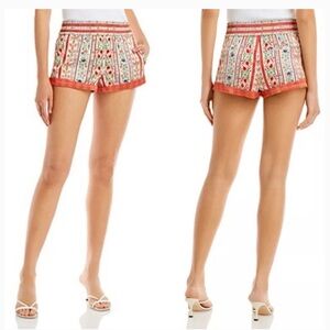 Alice + Olivia White Floral Stripe High-Waist Shorts with Red Trim